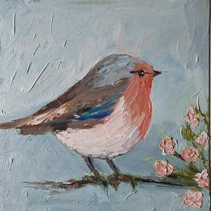 Pintura de pássaro Robin 8" por 8" Pássaro e árvore florida Pintura original em óleo impasto Arte floral Animais Arte por Desi Guteva