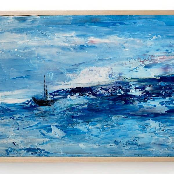 Peinture bateau paysage marin peinture originale bateau dans la mer après une tempête, peinture grosses vagues, peinture côtière moderne abstraite, peinture bateau