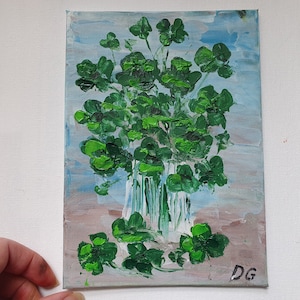 Irish Clover Oil Painting: Four Leaf Clover Still Life, Small Art