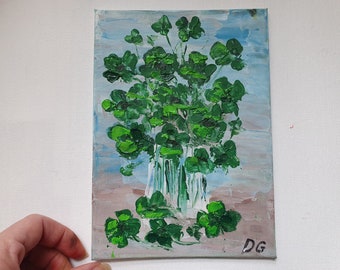 Irish Clover Oil Painting: Four Leaf Clover Still Life, Small Art
