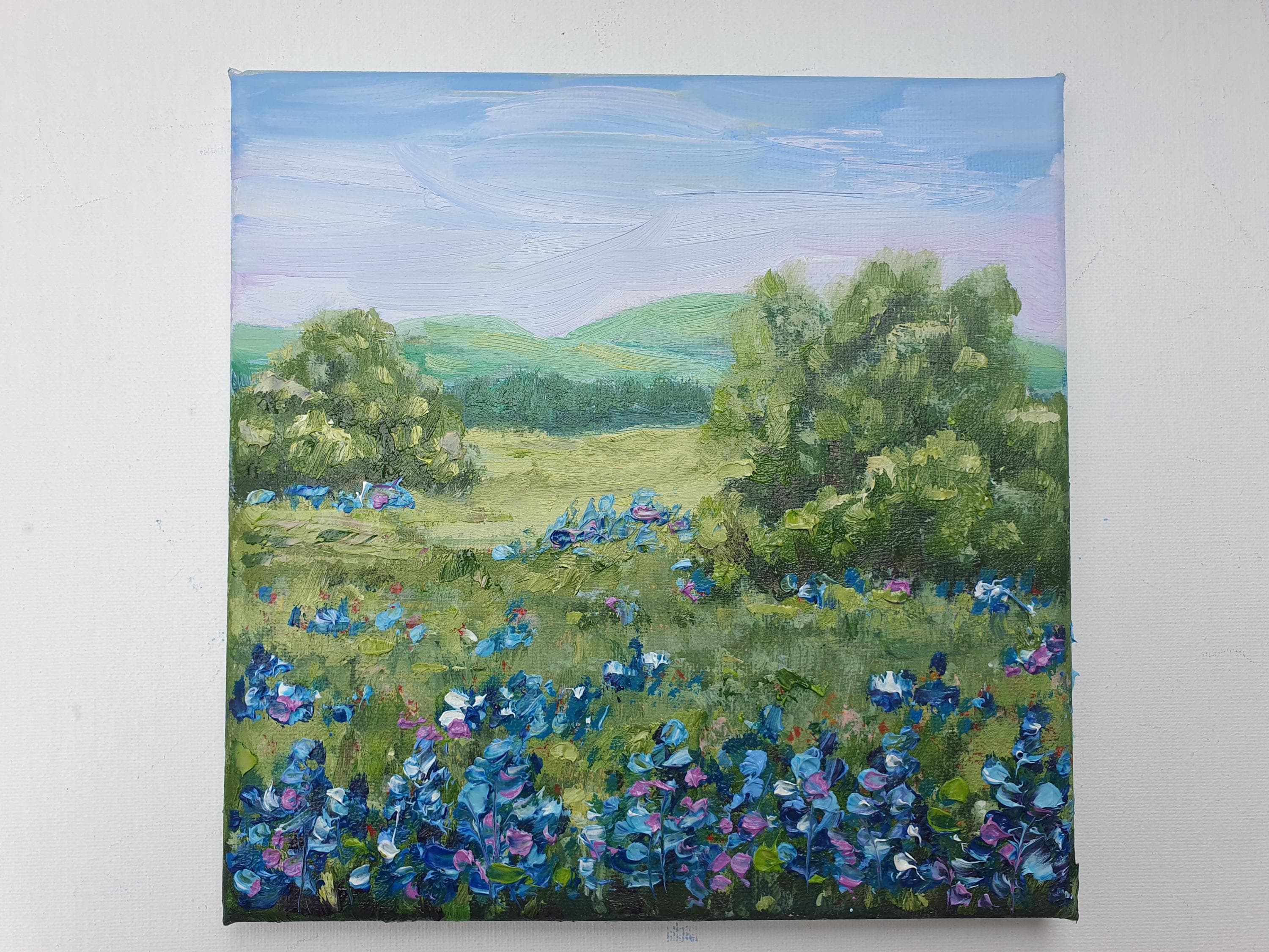 ブルーボネットの草原の絵画：テキサスの風景画 インパスト油彩画（8x8