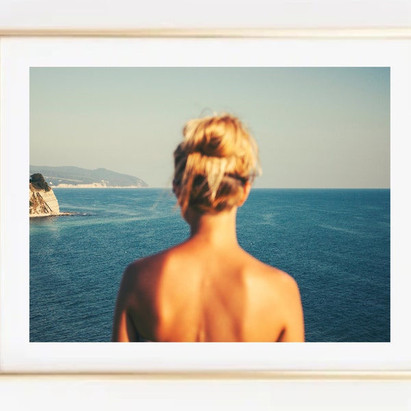 Woman Watching Sea Photo Print-Woman in the Beach Print-Ocean Photo Print-Sea Coastal Panoramic Landscape Print-Seascape and Woman Art Print