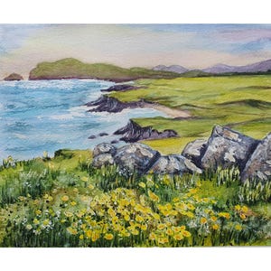 Dingle Peninsula Painting 8"-10" Original Watercolor Ireland Landscape Wall Art Irish Farmland Artwork Green Hills Art Ireland Coastal Art