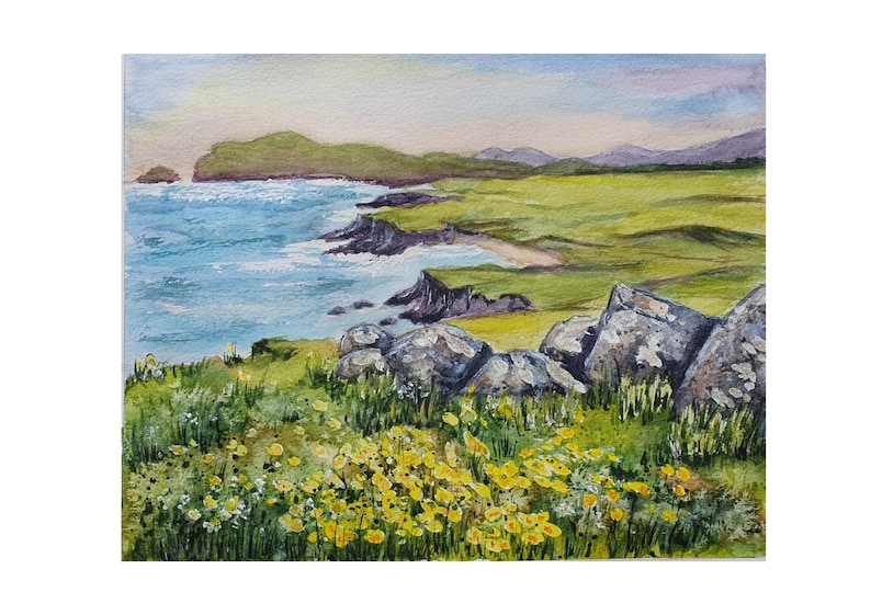 Dingle Peninsula Painting 8"-10" Original Watercolor Ireland Landscape Wall Art Irish Farmland Artwork Green Hills Art Ireland Coastal Art