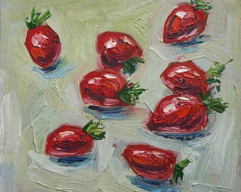 Pintura al óleo original: Bodegón de fresas, decoración de cocina rústica de Desi Guteva
