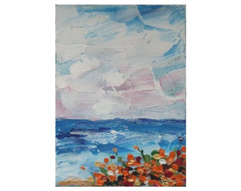 Paisaje marino de amapolas de California: pintura al óleo original en impasto (12,7 x 18,8 cm)