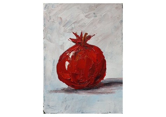 Original Pomegranate Oil Painting: Impasto Fruit Still Life, Kitchen Wall Art by Desi Guteva