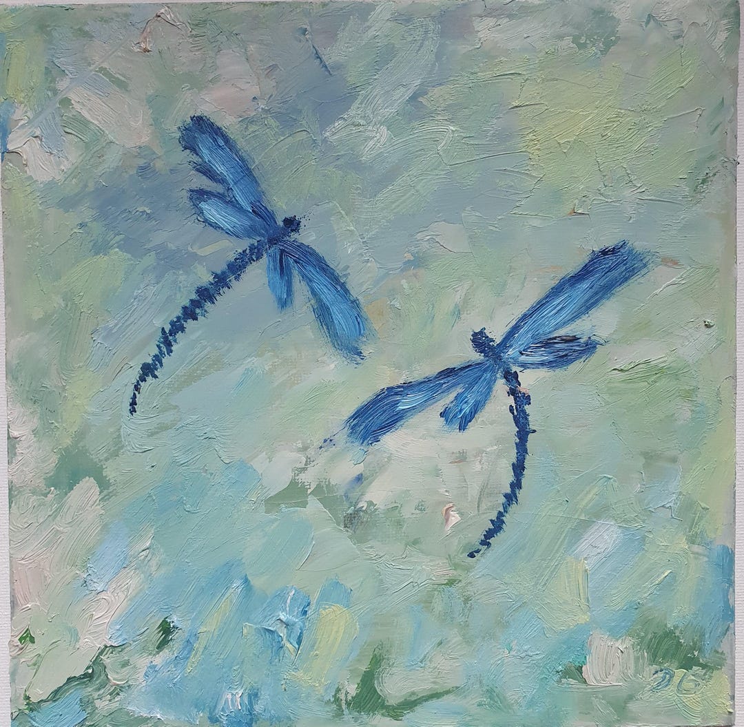 Original Oil Impasto Dragonfly Painting: Blue Insect Wall Art by Desi ...