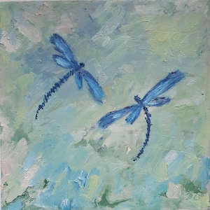Pintura de libélula 8"-8" Pintura original em óleo impasto Duas libélulas Arte de parede Pintura de inseto Arte de parede azul por Desi Guteva