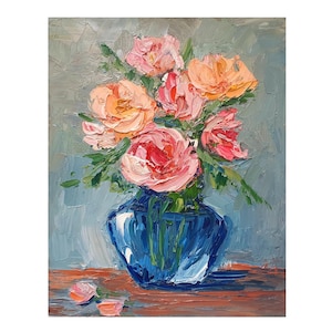 Pintura de rosas de 20 x 25 cm, peonías, pintura al óleo original, rosas, bodegón, peonías, pintura empastada, flores, obra de arte semiabstracta.