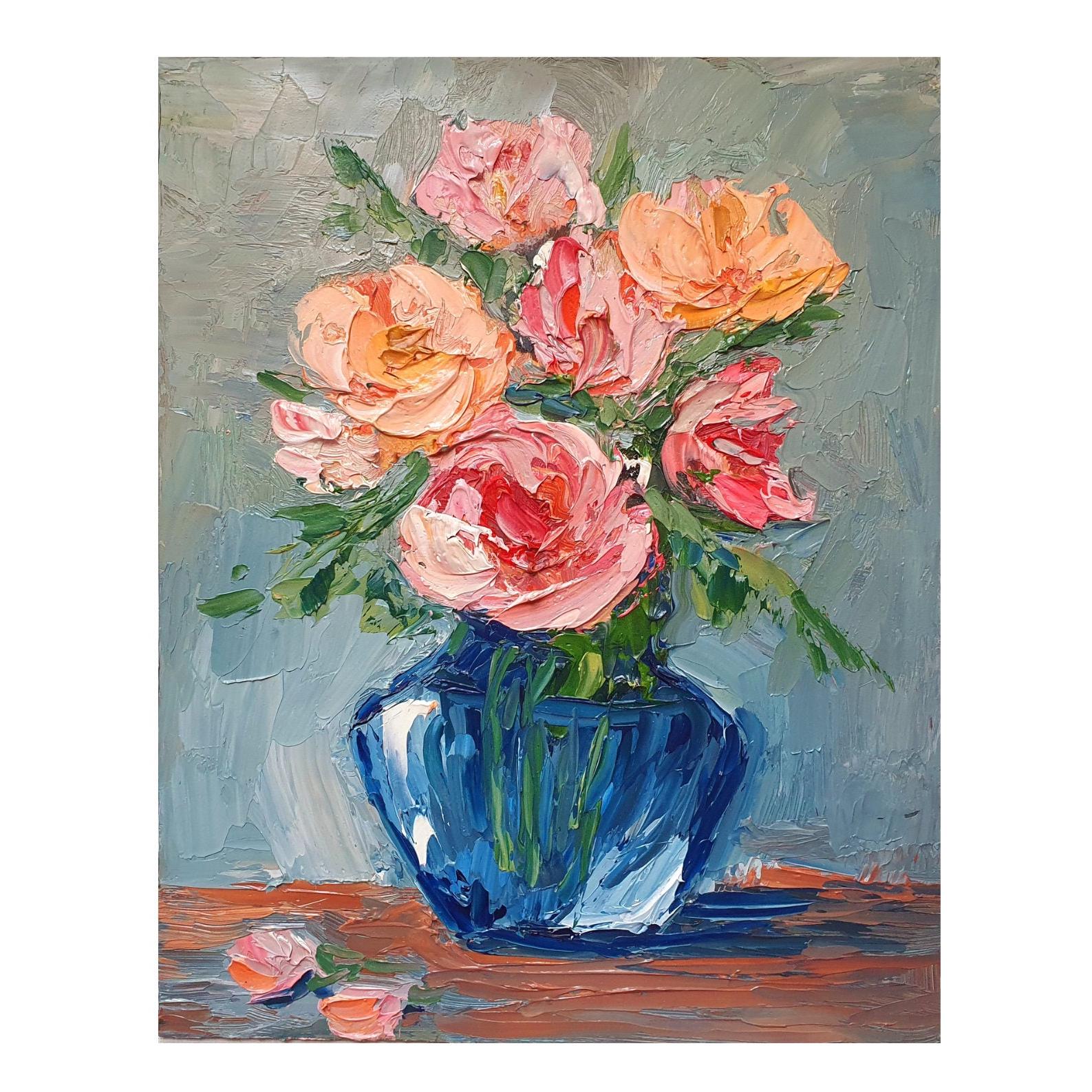 オリジナルのバラと牡丹の油絵：デシ・グテヴァによるインパスト花の