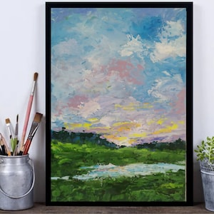 Original Sunset Lake Oil Painting: Green Meadow Landscape Art (8x12)
