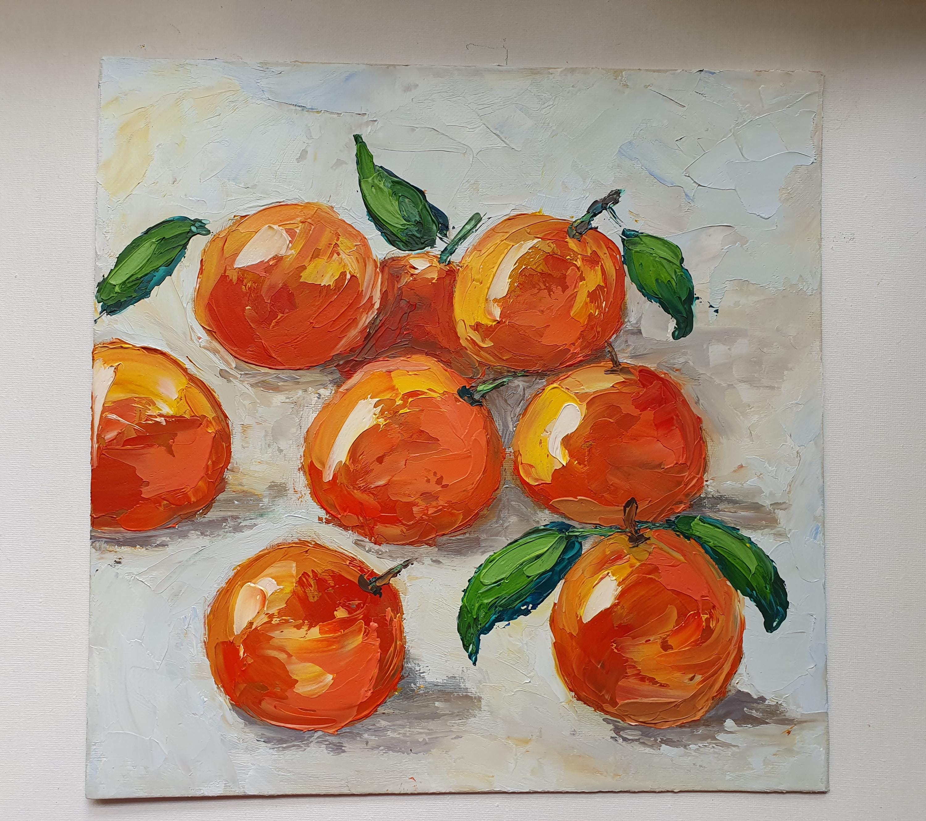 Original Clementine Oil Painting: Impasto Citrus Still Life Orange