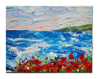Paisaje marino de amapolas de California: pintura al óleo original en impasto (12,7 x 18,8 cm)
