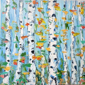 Malarstwo brzozy 12&quot; x 12&quot; Oryginalny obraz olejny Impasto Aspen Autumn Birch Forest Wall Art Autumn Forest Art Colorado Landscape Artwork