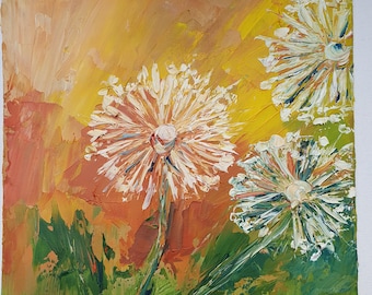 オリジナルのタンポポの油絵：抽象的な花のインパストアートワーク