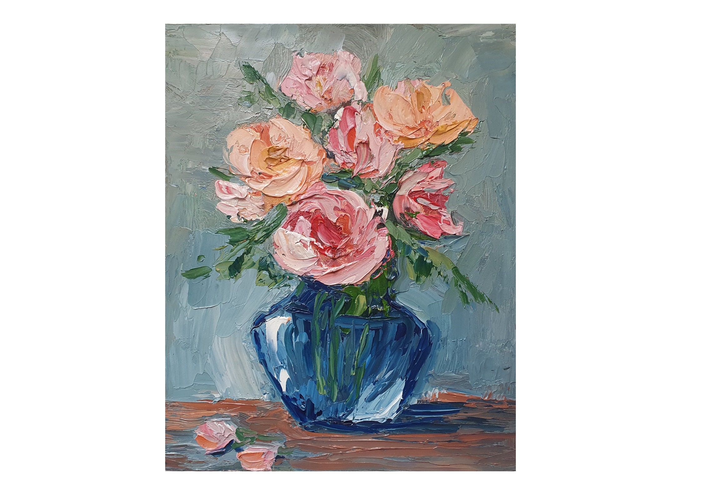 オリジナルのバラと牡丹の油絵：デシ・グテヴァによるインパスト花の