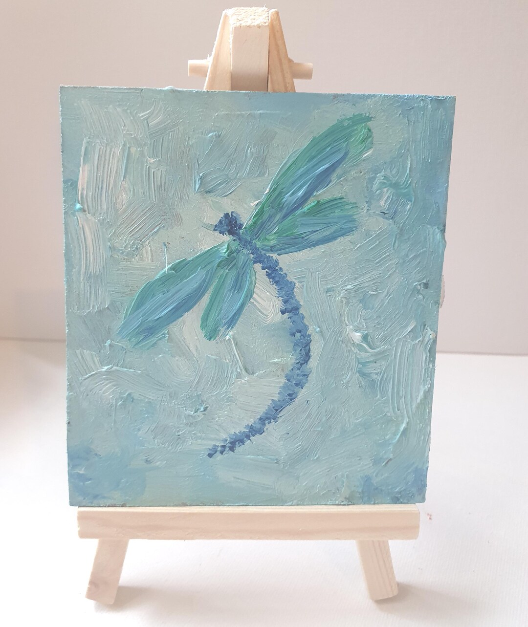 Dragonfly Impasto Oil Painting: Miniature Insect Art With Wooden Tripod ...