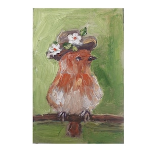Bird Oil Painting Bird Original Oil Impasto Artwork Cute Little Bird Wall Art Bird with Hat Art Birds Lovers Gifts Animal Art By Desi Guteva