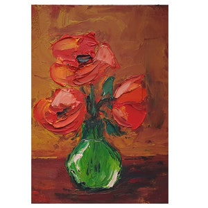 Pintura de papoula 5" x 7" Papoulas Natureza morta Arte em óleo original Vaso verde com papoulas Arte de parede Natureza morta floral Pintura pequena Flores vermelhas Arte