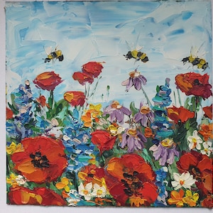 Pintura de papoulas Califórnia Campo de papoulas e abelhas Pintura a óleo Abstrato original Pintura a óleo de paisagem colorida Flores silvestres e arte de abelhas