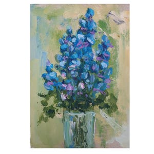 Pintura de Bluebonnet Arte floral original Bluebonnet Bodegón Pintura al óleo Impasto Obra de arte impresionista Jarrón con flores azules Arte