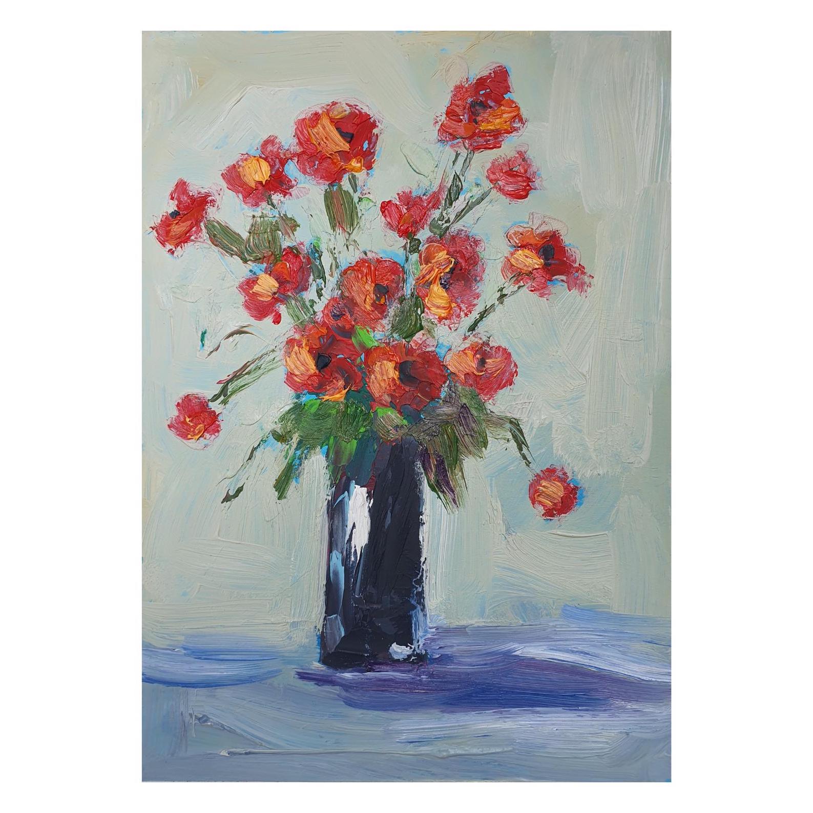 赤いポピーの絵画：デシ・グテヴァによるオリジナルの花の油彩