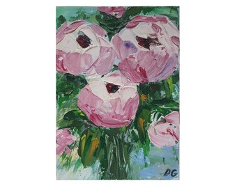 Impasto Peony Oil Painting: Small Floral Impressionist Art, 5x7