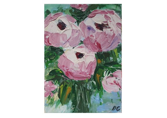 インパスト牡丹油絵：小さな花の印象派アート、5x7 - Etsy 日本