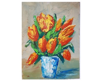 Tulpen schilderij 6"-8" vaas met oranje tulpen origineel olieverfschilderij bloemen stilleven Impasto artwork stilleven met tulpen kunst aan de muur