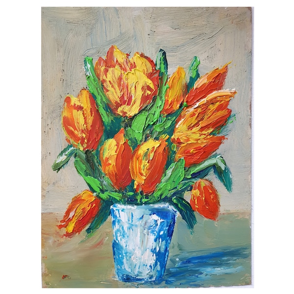 Tulips Painting 6"-8" Vase with Orange Tulips Original Oil Painting Flowers Still Life Impasto Artwork Still Life With Tulips Wall Art