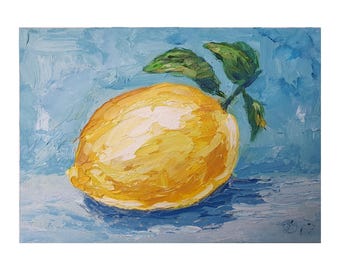 Lemon Oil Painting Yellow Citrus Fruit Impasto Still Life Art by Desi Guteva