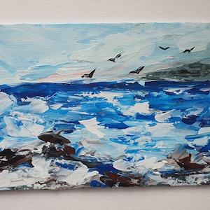 Abstract Seascape Oil Painting: Coastal Art with Birds (5x7 inch)