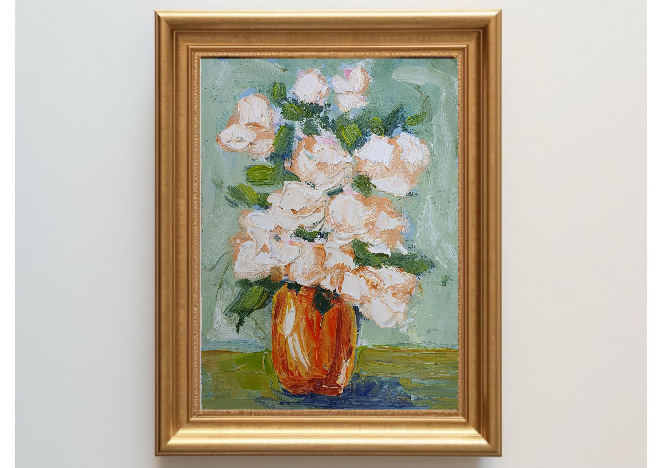 白いバラの油絵：花の静物画、インパストアート、デシ・グテヴァ作