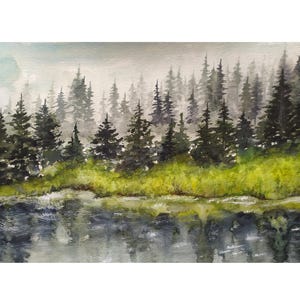 Tahoe Lake Painting 8"-12" California Misty Pine Forest Originale Acquerello Evergreen Lake Forest Landscape Foggy Pine Trees Wall Art