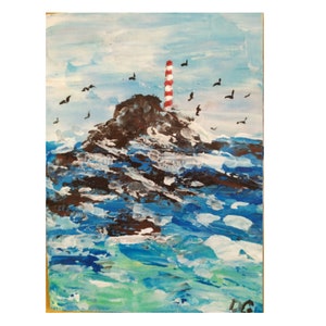 Lighthouse Original Painting 5&quot;-7&quot; Seascape Mini Art Seascape Small Painting Lighthouse Miniature Art Seascape Wall Art  Abstract Lighthouse