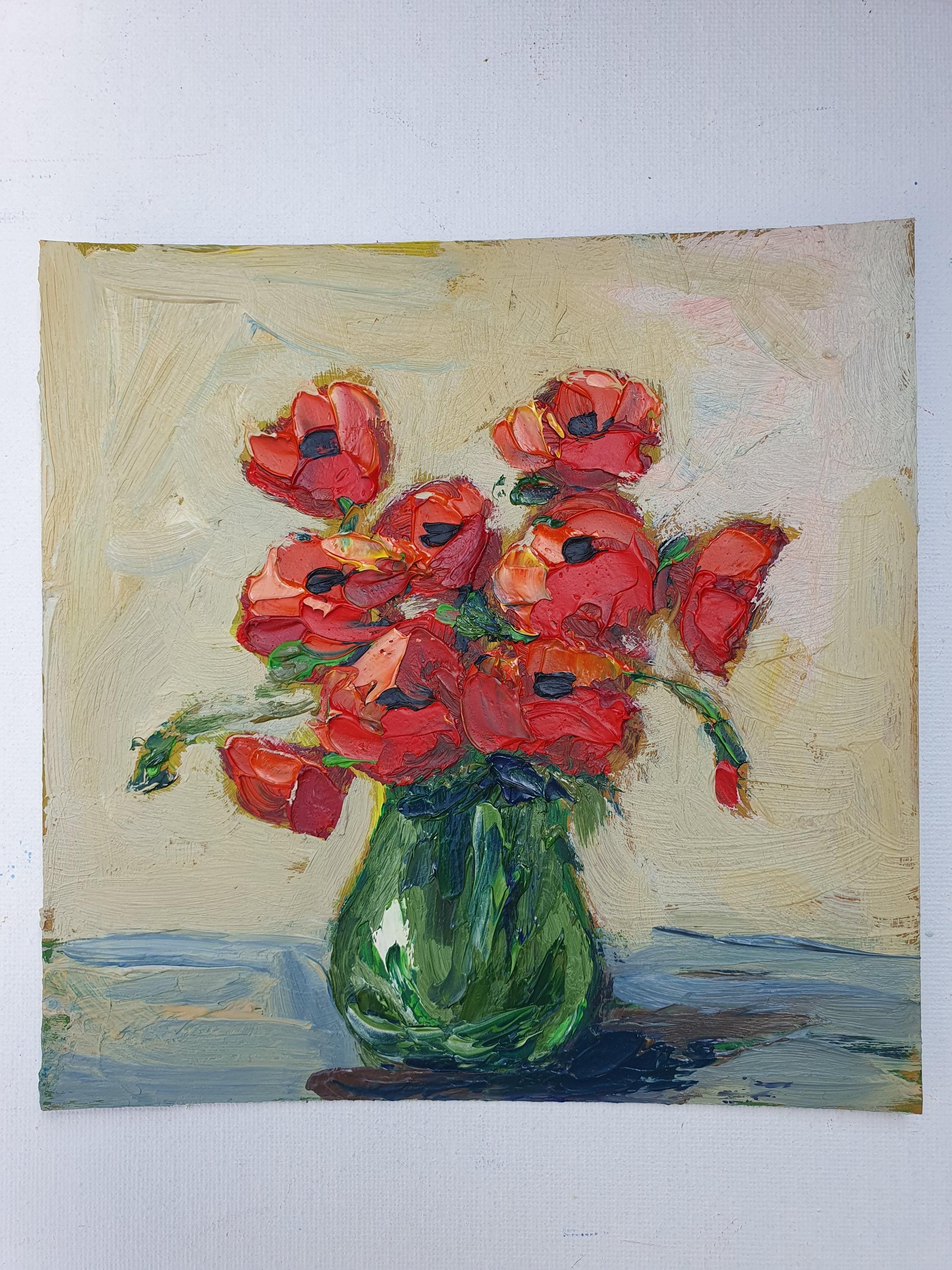 【F8号】 talisman 油画 油彩 oil painting ポピー　赤 オリジナルの赤いポピーの油絵：デシ・グテヴァによるインパスト花の