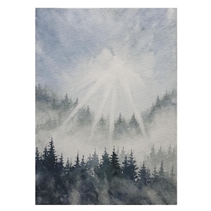 Raggi di sole su una foresta di pini nebbiosa, dipinto da 6"-8" originale, acquerello, paesaggio sempreverde del Pacifico nord-occidentale, foresta di pini delle Montagne Fumose, arte