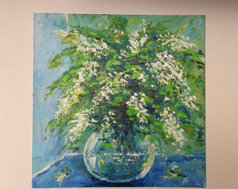 アカシアの花束の絵画：オリジナルのインパスト花油絵静物画（12インチ