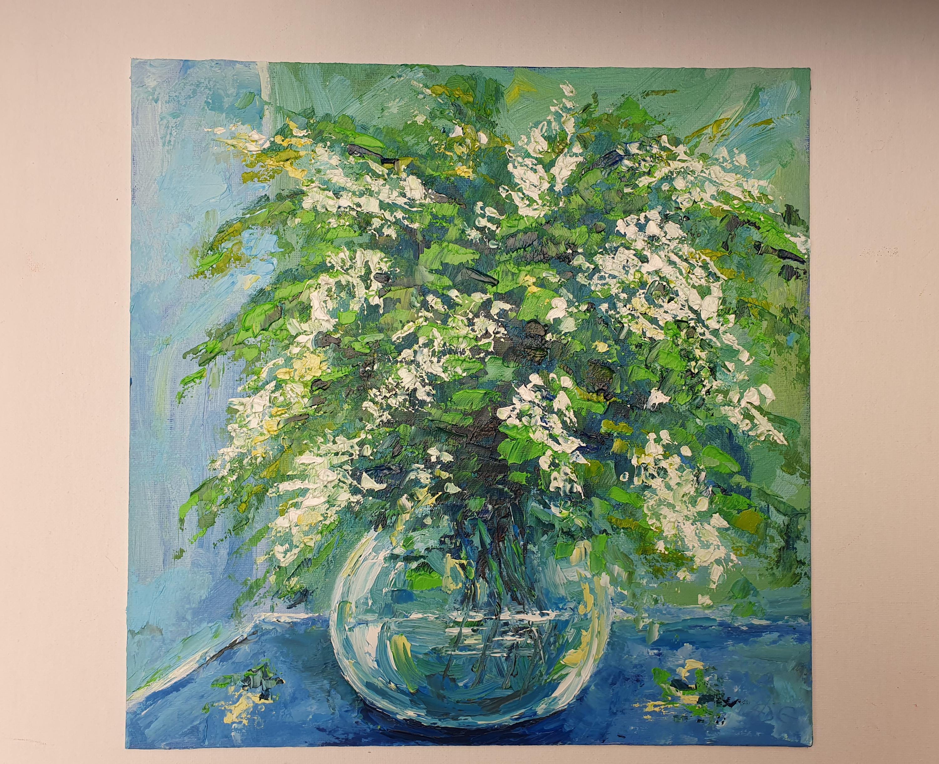 アカシアの花束の絵画：オリジナルのインパスト花油絵静物画（12インチ