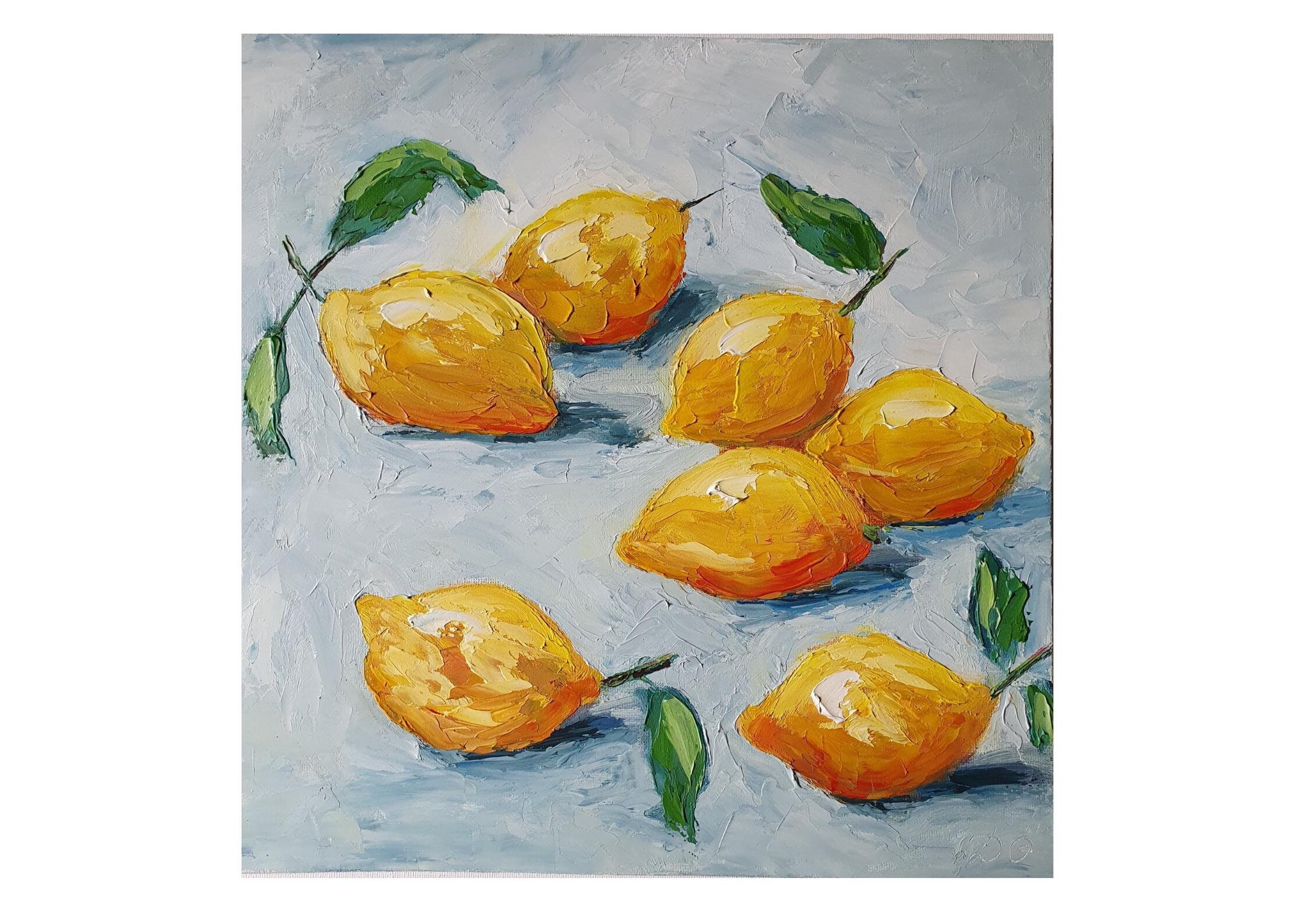 レモンの絵画：オリジナル油彩インパスト静物画、12x12 - Etsy 日本
