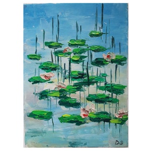 Pintura de loto de 5 x 7 pulgadas, arte al óleo original, lago con lotos, arte minimalista, flores de agua, pintura de empasto, lotos, arte abstracto de Desi Guteva