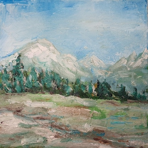 Rocky Mountains Painting 8&quot;-8&quot; Original Oil Impasto Painting on Canvas Mountain Meadow Landscape Wall Art Pine Forest Artwork by Desi Guteva