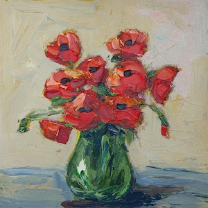 Pintura de papoula, papoulas, natureza morta, óleo original, arte empastada, vaso verde com papoulas, arte de parede, natureza morta floral, pequena pintura, flores vermelhas, arte