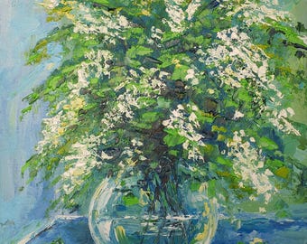 アカシアの花束の絵画：オリジナルのインパスト花油絵静物画（12インチ