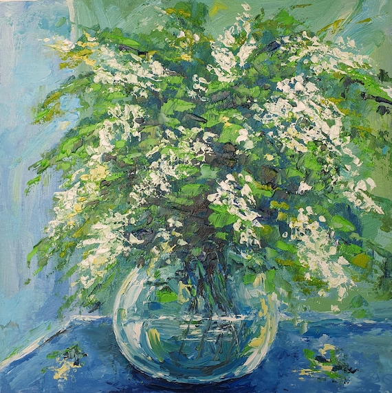 油絵 絵画 フサアカシア【A4】 アカシアの花束の絵画：オリジナルのインパスト花油絵静物画（12インチ