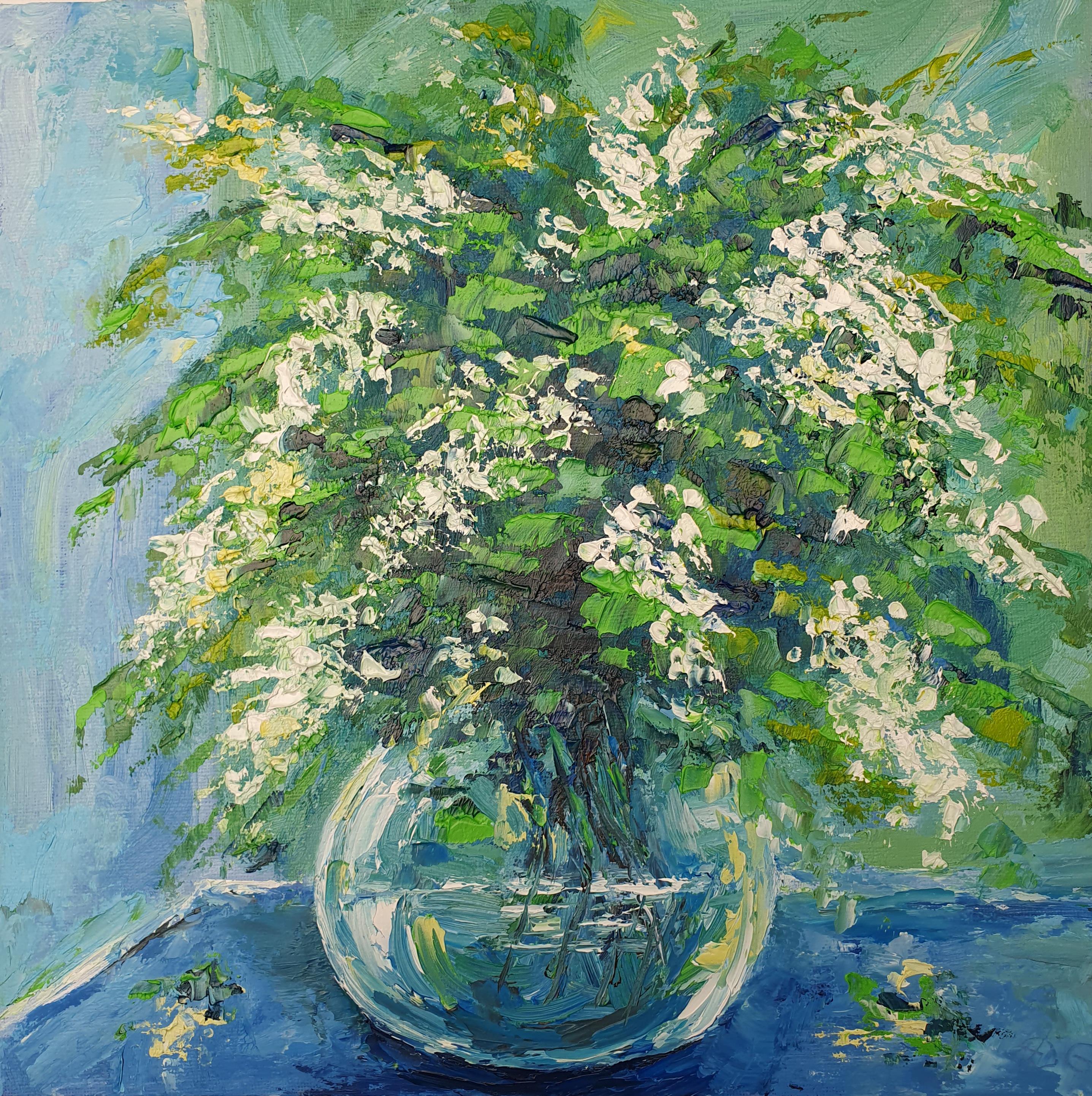 アカシアの花束の絵画：オリジナルのインパスト花油絵静物画（12インチ