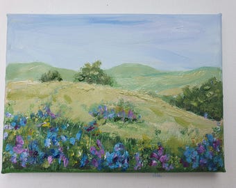 テキサス・ブルーボネットの草原の油絵：5x7インチの野生の花の風景画