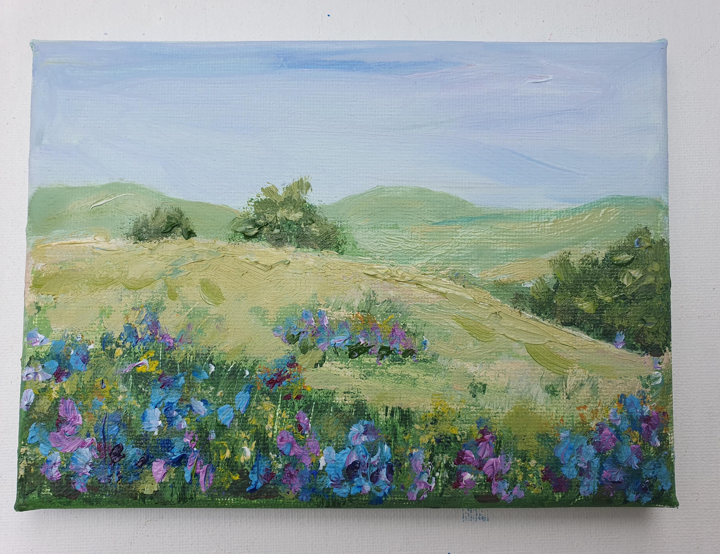 テキサス・ブルーボネットの草原の油絵：5x7インチの野生の花の風景画