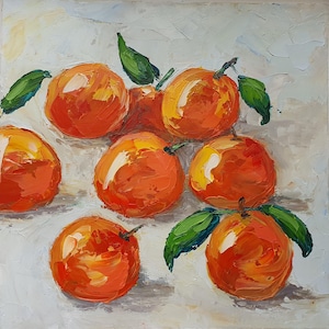 Pintura de clementina de 30 x 30 cm, pintura al óleo original con empasto, bodegón naranja, arte mural, pintura de cítricos, bodegón de cocina, arte gastronómico